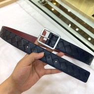 Bottega Veneta Intrecciato Reversible Belt Calfskin with Silver Rectangular Buckle Navy Blue/Burgundy