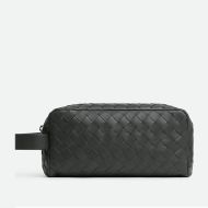 Bottega Veneta Intreccio Travel Pouch with Handle and Contrasted Interior Calfskin Grey/Blue