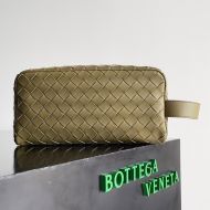 Bottega Veneta Intreccio Travel Pouch with Handle and Contrasted Interior Calfskin Olive