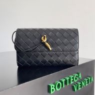 Bottega Veneta Large Andiamo Flap Bifold Wallet with Knot Intreccio Calfskin Black