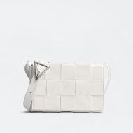 Bottega Veneta Medium Cassette Crossbody Bag with Triangle Buckle Intreccio Calfskin White