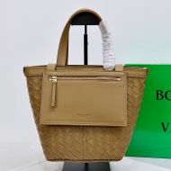 Bottega Veneta Small Flip Flap Tote with Zippered Pocket Intreccio Lambskin Brown