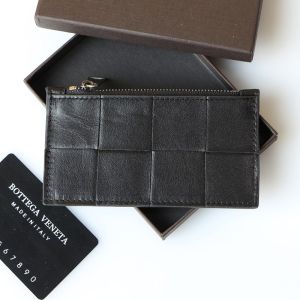 Bottega Veneta Cassette Long Zippered Card Case Intreccio Calfskin Black/Silver