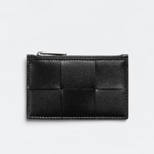 Bottega Veneta Cassette Zippered Card Case Intreccio Calfskin Black