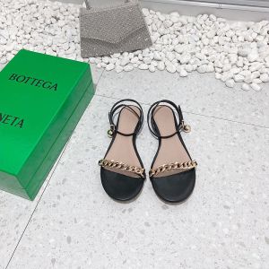 Bottega Veneta Dot Chain Flat Sandals Women Lambskin with Ankle Strap Black