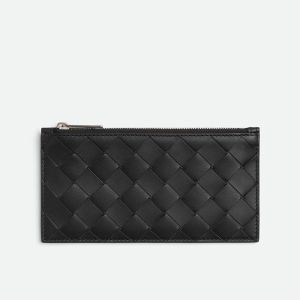 Bottega Veneta Intreccio Long Zippered Card Case Calfskin Black