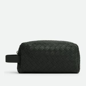 Bottega Veneta Intreccio Travel Pouch with Handle and Contrasted Interior Calfskin Black