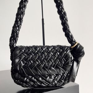 Bottega Veneta Kalimero Citta Shoulder Bag with Ring and Knot Intreccio Calfskin Black