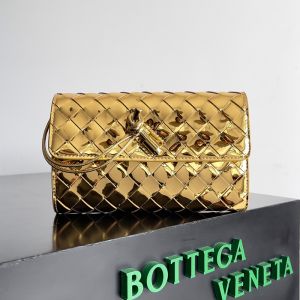 Bottega Veneta Large Andiamo Flap Bifold Wallet with Knot Intreccio Calfskin Gold