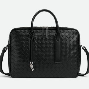 Bottega Veneta Large Getaway Briefcase with Strap and Signature Knot Intreccio Lambskin Black