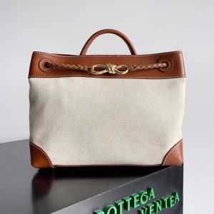 Bottega Veneta Medium Andiamo Top Handle Bag with Signature Knot Smooth Calfskin Canvas Coffee