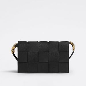 Bottega Veneta Medium Cassette Crossbody Bag Intreccio Grained Calfskin Black