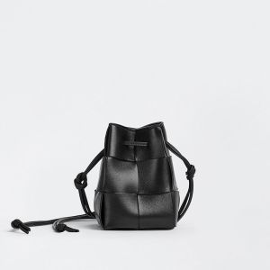 Bottega Veneta Mini Cassette Bucket Bag Intreccio Lambskin Black