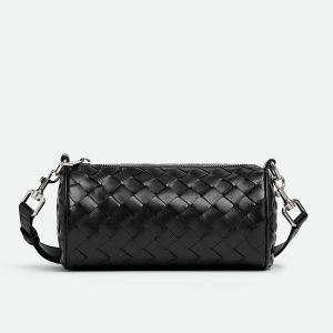 Bottega Veneta Mini Intreccio Barrel Crossbody Bag with D-Ring Calfskin Black