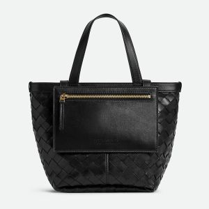 Bottega Veneta Small Flip Flap Tote with Zippered Pocket Intreccio Lambskin Black