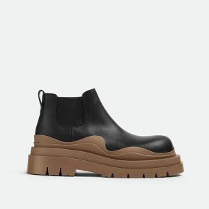 Bottega Veneta Tire Ankle Chelsea Boots Unisex Vegetally-tanned Calfskin Black/Coffee